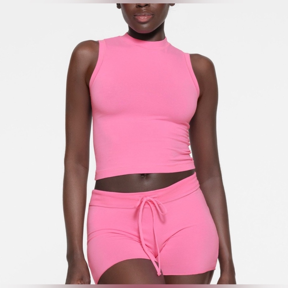 Skims Stretch Cotton Jersey Mock Neck Tank pink size XL
